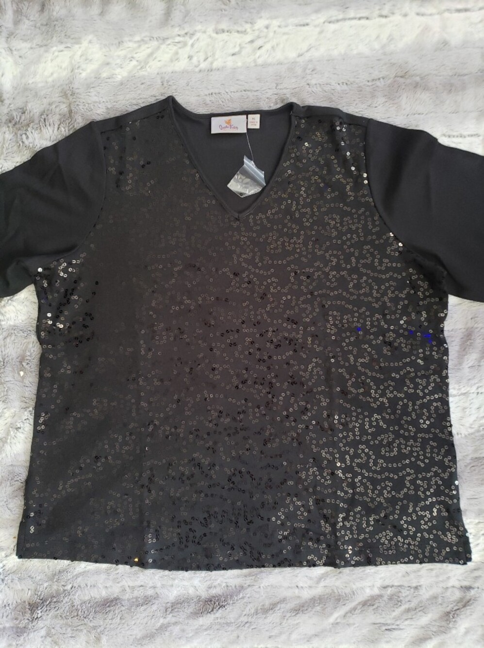 Quacker Factory Vintage ¾ Sleeve Sequin Swirl V-neck Tshirt Blouse Black XL NIP